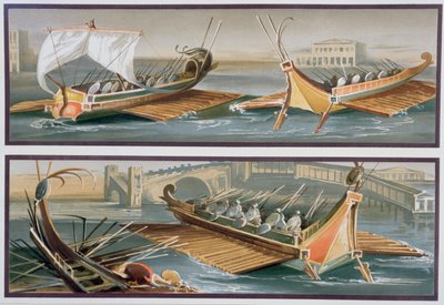 Barche a vela e barche a remi romane, dopo affreschi nel Tempio di Iside a Pompei da Giacinto Gigante